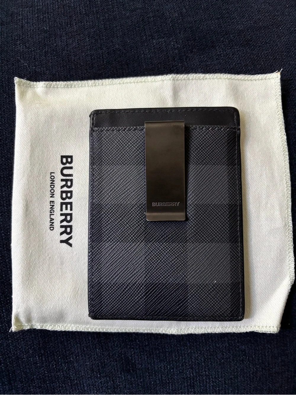 Burberry Black Check Money Clip Card Holder with Gunmetal Clip